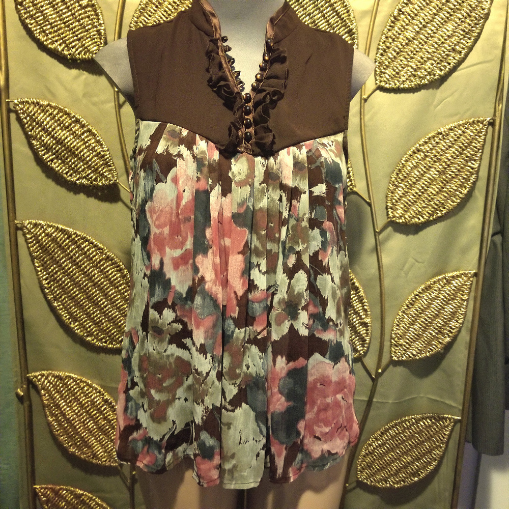 Ladies Brown & Pink Floral Blouse by Studio Y Sz S